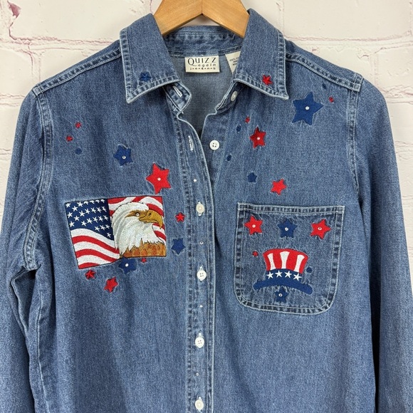 Vintage denim Blue Button Down Shirt long sleeve embroidered red white blue - Picture 2 of 9